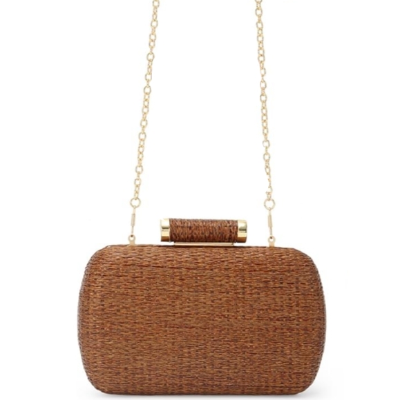 Rattan Hard Case Clutch Purse Brown Boho Woven Wicker Bag Crossbody Chain Strap - Picture 9 of 14